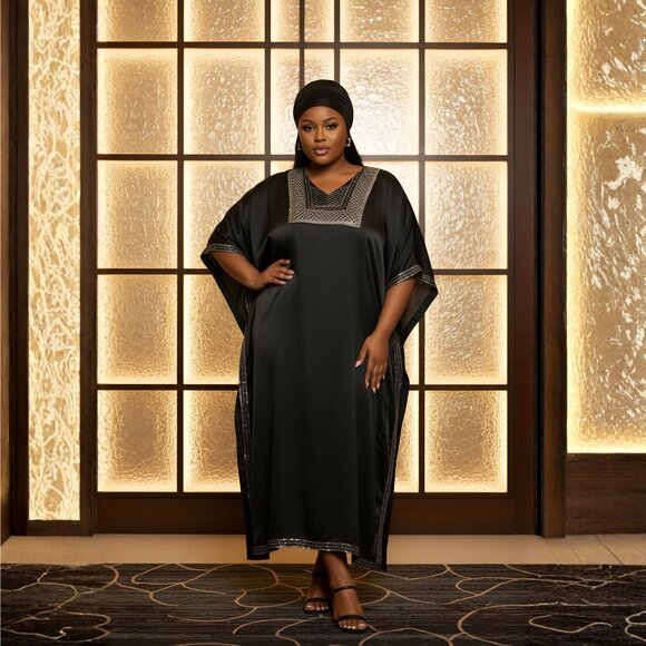 Gypsie Blu Satin Sequences Black Kaftan Dress Women Plus Size Dresses for Party - Picture 1 of 8